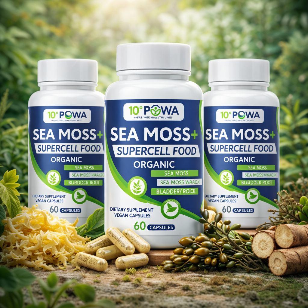 Bottle of iron supplements with sea moss, burdock root, and bladderwrack capsules, 90-day supply bundle