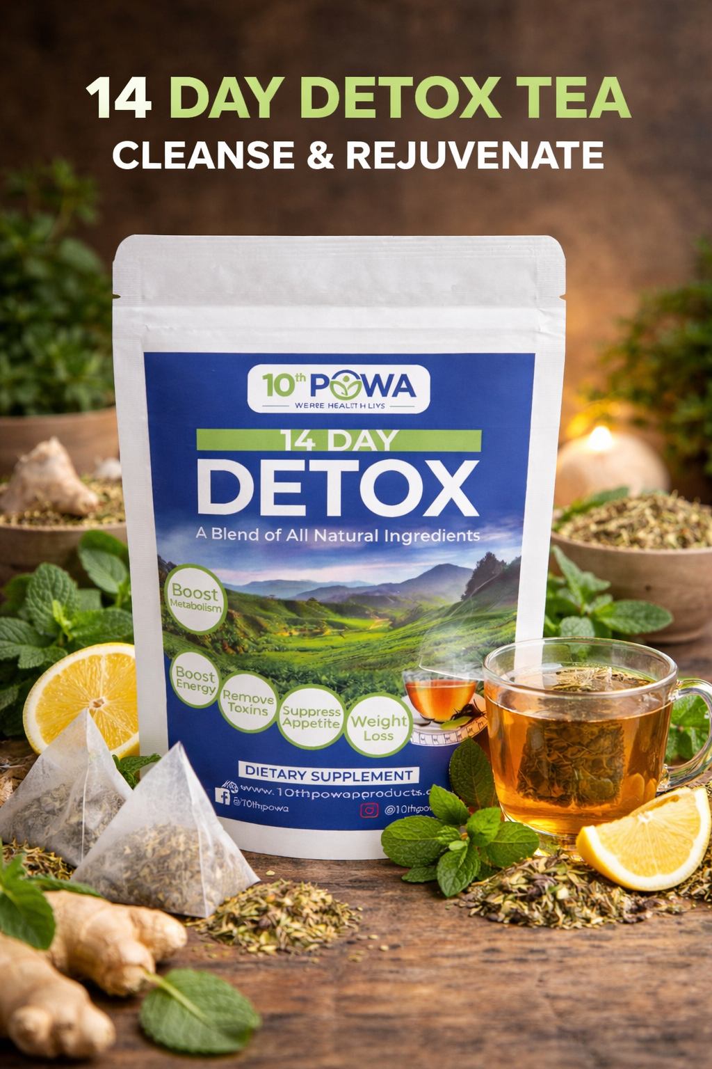Caffeine-free Herbal Detox Tea box with tea bags for 14-day natural cleansing and wellness support