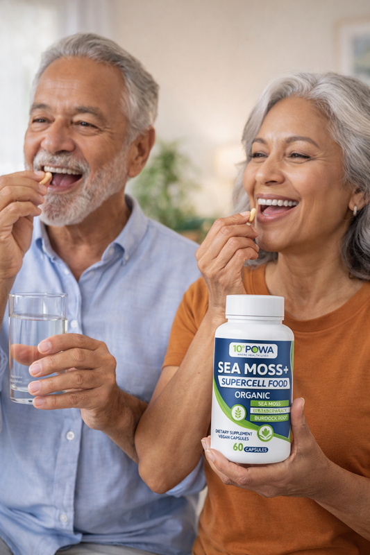Bottle of immunity system booster supplement next to sea moss gel and capsules for total wellness combo