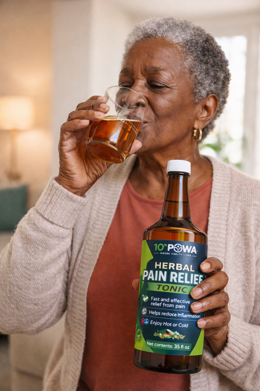 Natural Pain Relief tonic bottle with herbal ingredients for inflammation and joint support
