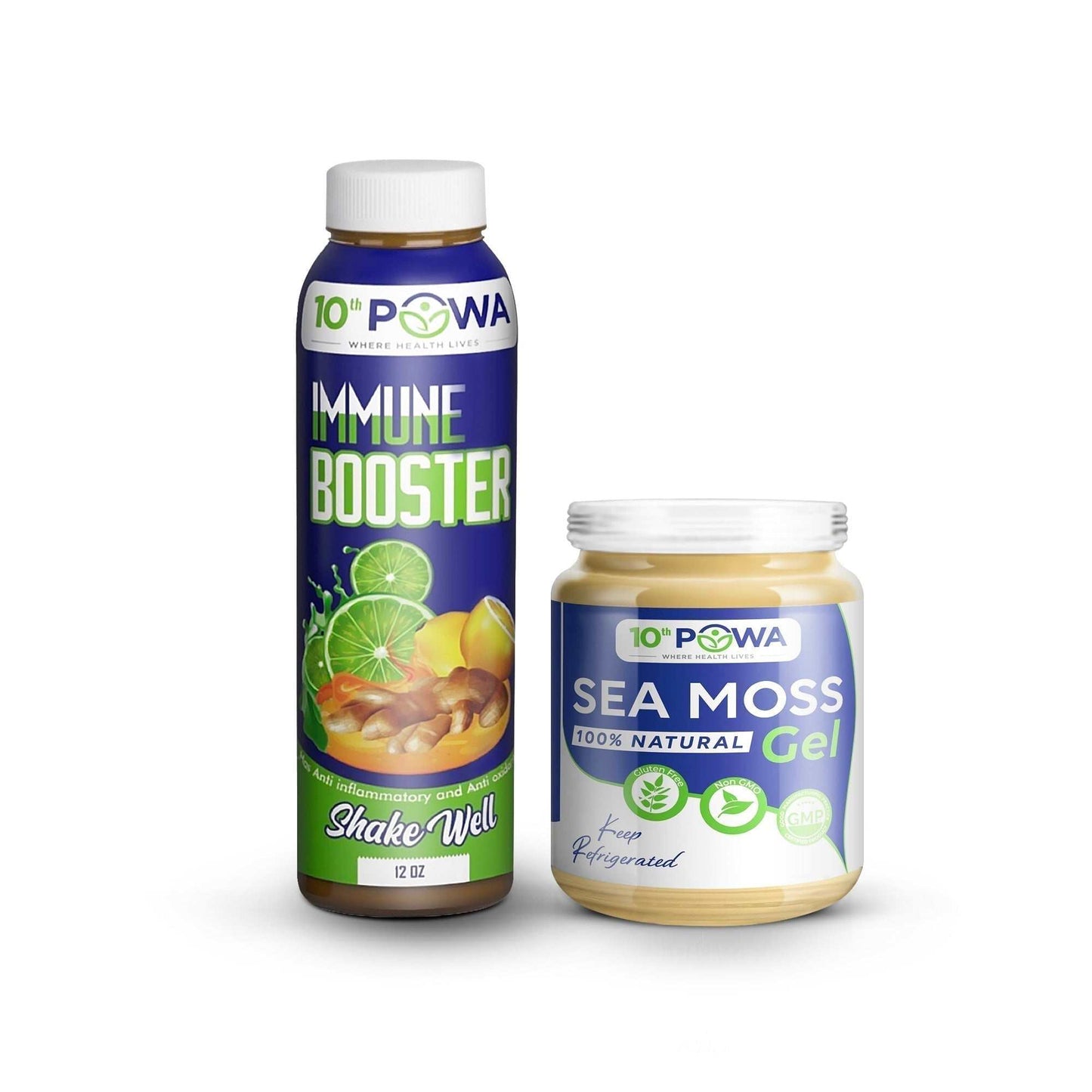 Sea Moss Immune Booster combo with natural gel and herbal immune support supplement bottles