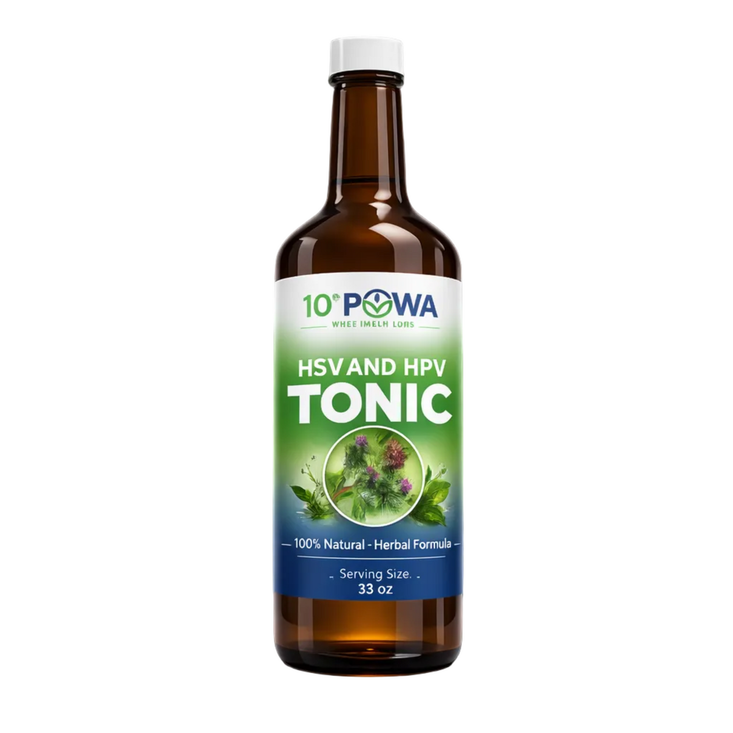 Bottle of 10th Powa HSV & HPV Herbal Tonic, natural remedies for herpes immune support and detox.