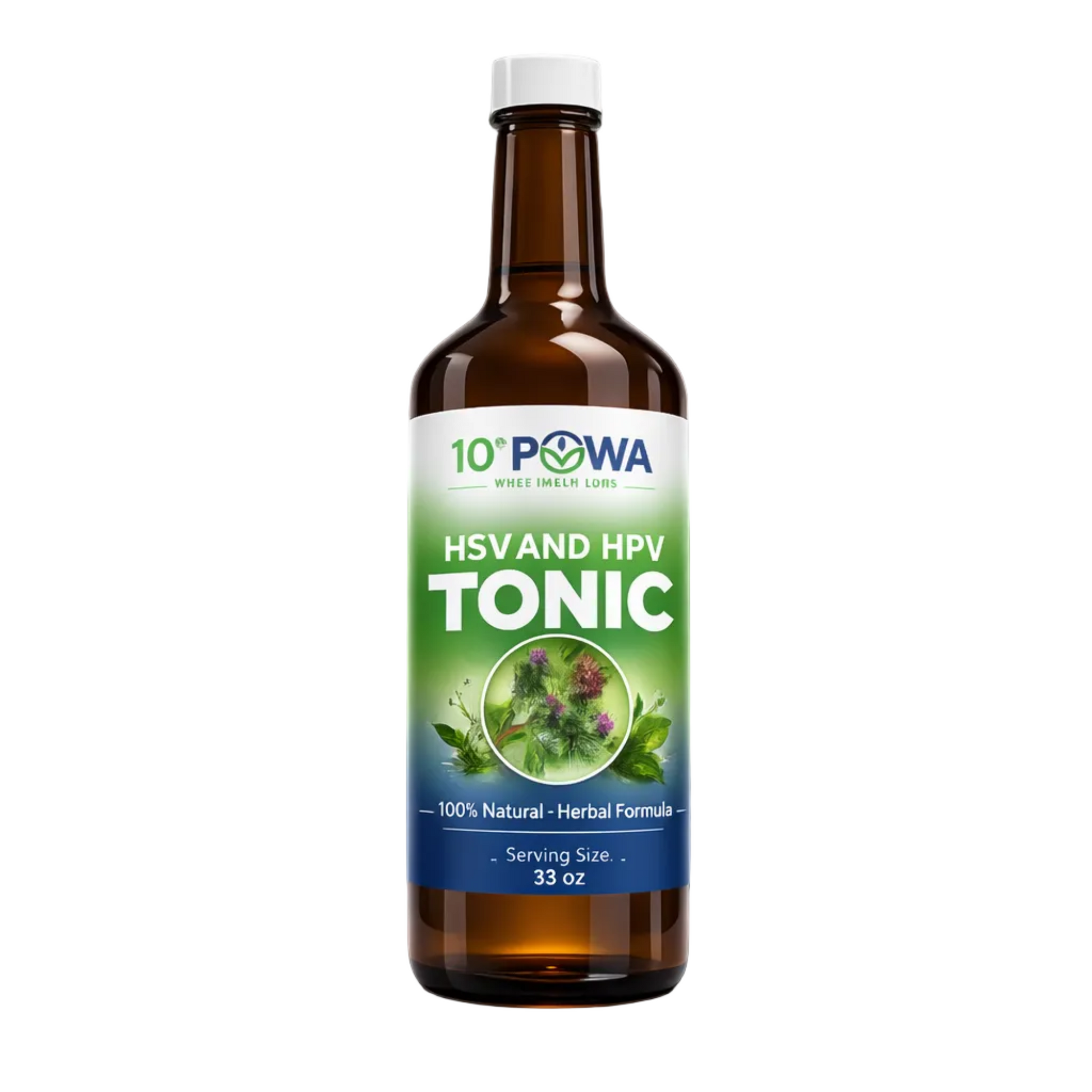 Bottle of 10th Powa HSV & HPV Herbal Tonic, natural remedies for herpes immune support and detox.