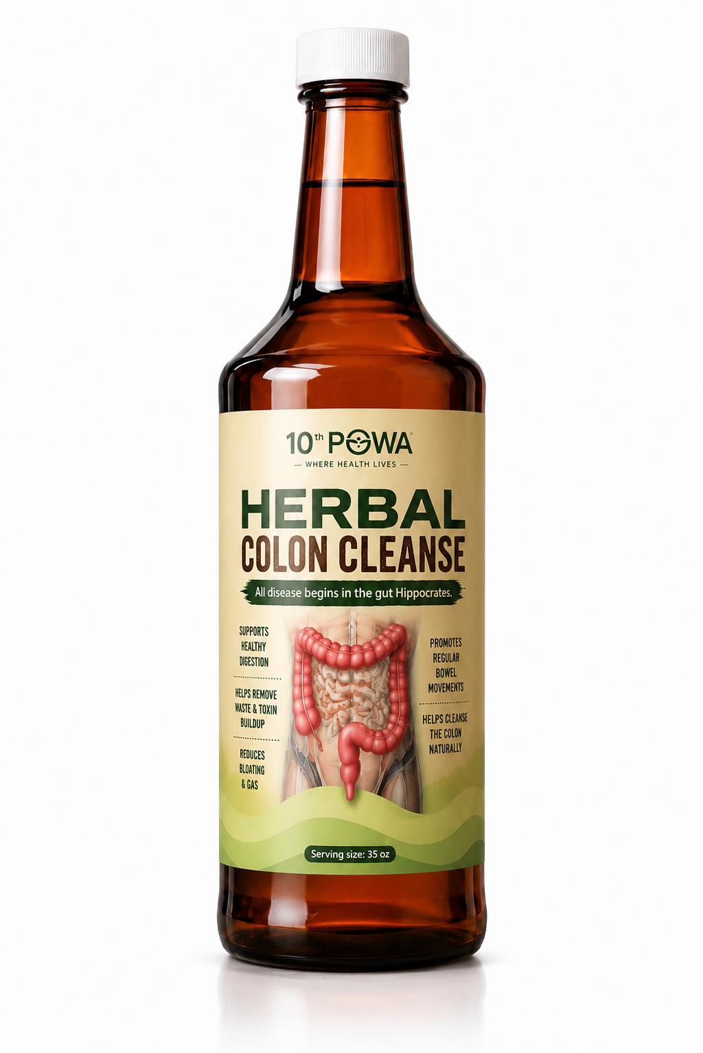 Bottle of all natural herbal colon cleanse tonic with fresh herbs and leaves