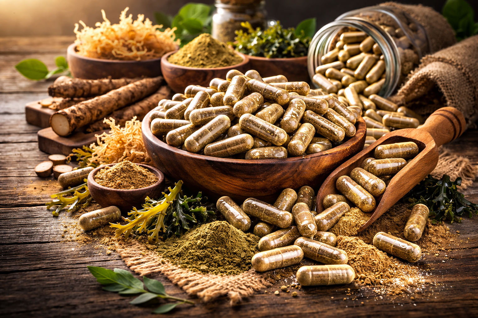 1KG bottle of plant-based iron supplements with sea moss, burdock root, and bladderwrack capsules