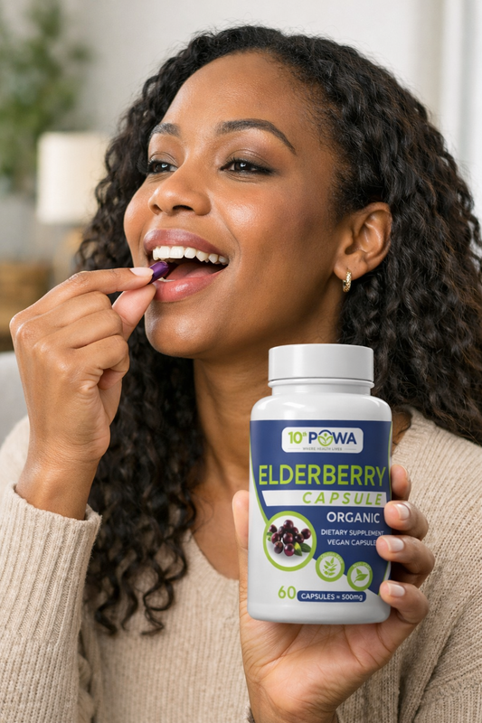 Woman taking an elderberry capsule with 10th Powa Elderberry Capsules bottle, a vegan dietary supplement for immune support.