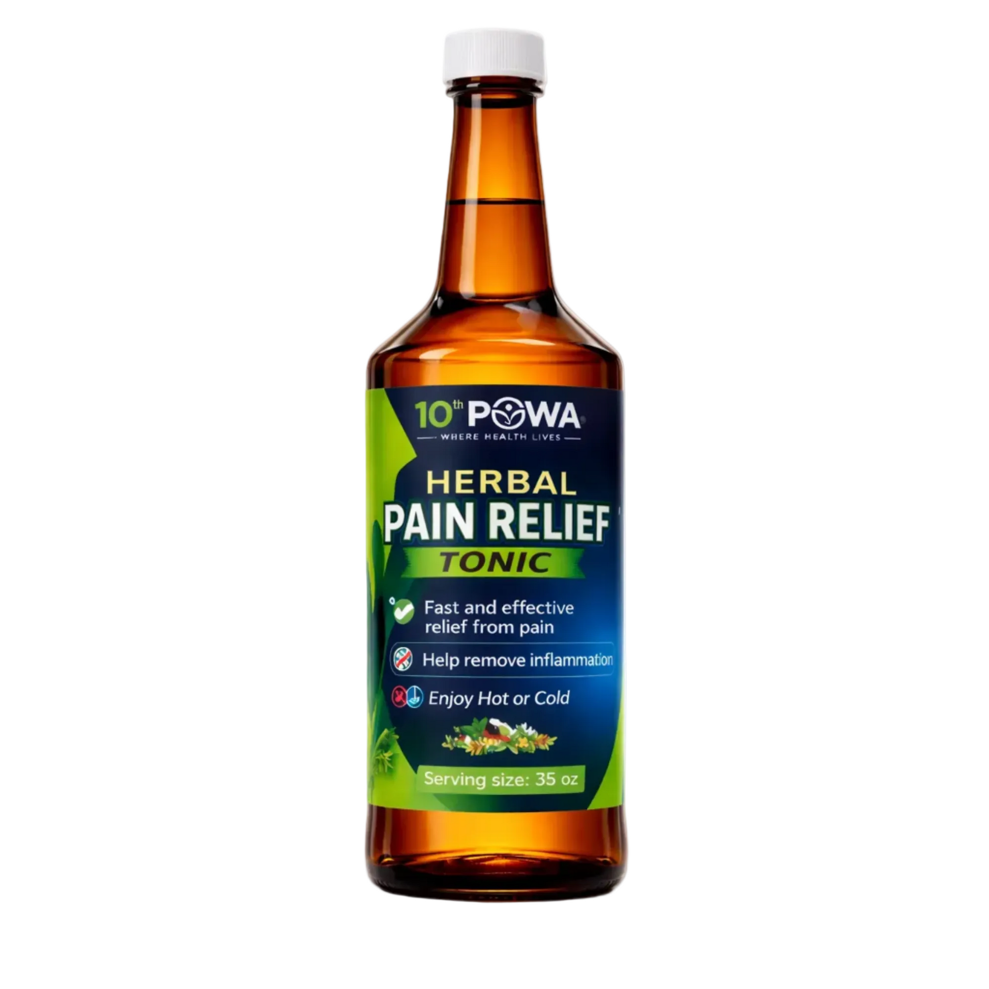 Bottle of Natural  Pain Relief tonic supporting inflammation and joint health by 10thPowa