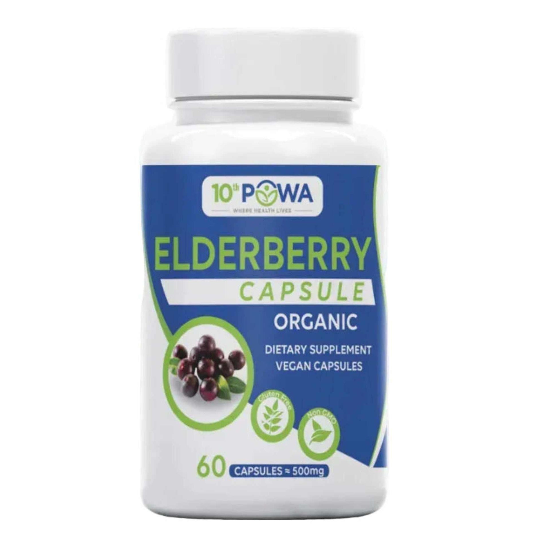 Bottle of organic black elderberry vegan capsules dietary supplement with 60 capsules and 500mg dosage
