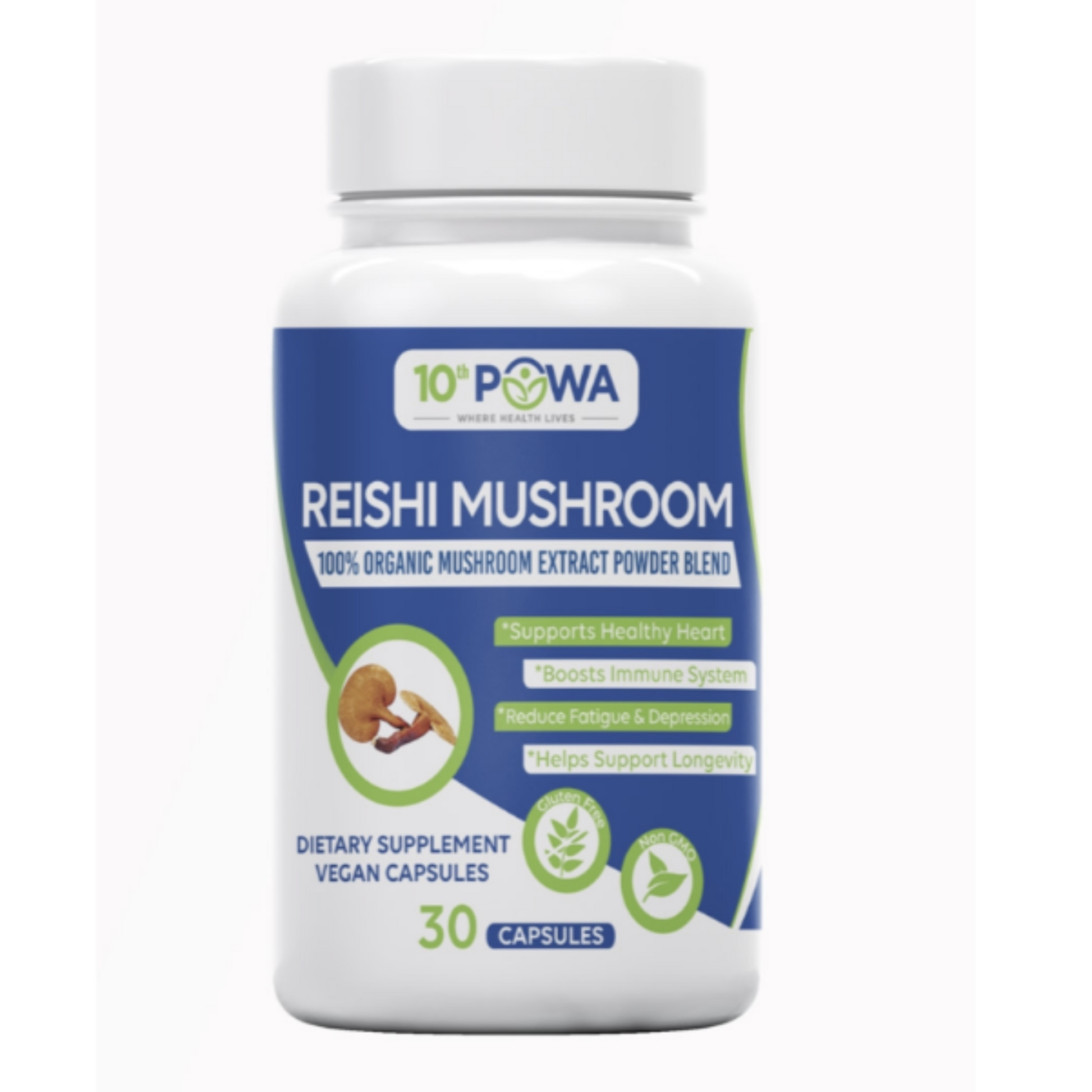 Bottle of 100% organic reishi mushroom extract vegan capsules dietary supplement with immune and heart health benefits