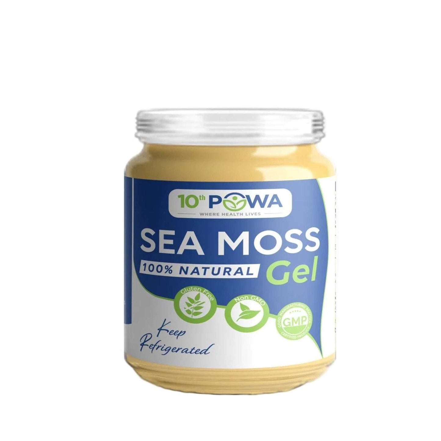 Jar of 100% natural sea moss gel by 10th Powa, plain and refrigerated for daily wellness